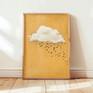 Yellow Cloud Wall Art, Abstract Mustard Yellow Poster, Flock of Birds Print, Maximalist Sky Artwork, Minimalist Cloud Digital Poster