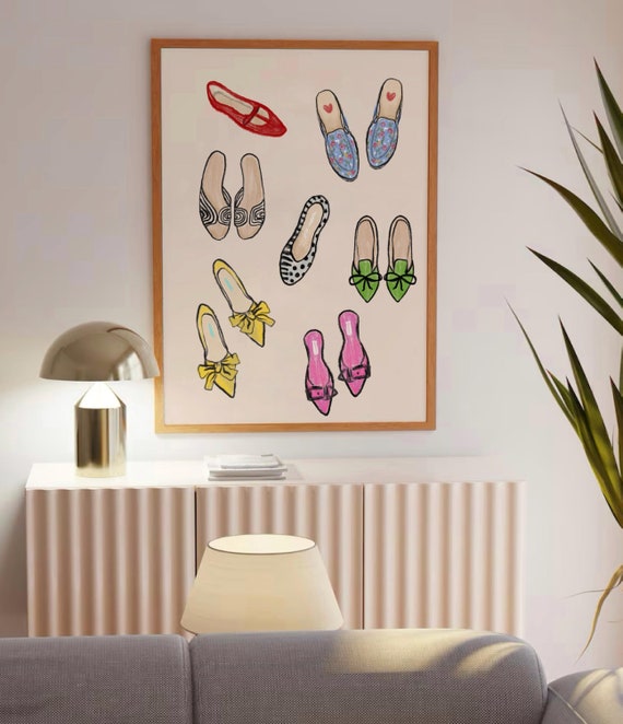 Designer Shoes Art Print, Trendy Fashion Shoes Hand Drawn Sketch, Colorful Stylish Poster, Aesthetic Apartment Dorm Decor Girly Wall Art