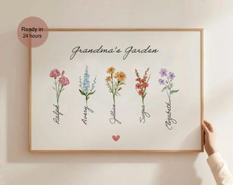 Custom Family Birth Flower Print, Grandma's Garden Birth Flower Print for Mom, Birth Flower Bouquet, Grandchildren Names Digital Art Poster