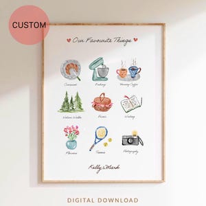 Personalisierte unsere Lieblings Dinge Druck, benutzerdefinierte Aquarell Druck, Jahrestag Druck, Geschenk Paare, Geschenk beste Freunde, niedliche kleine Skizze Kunst