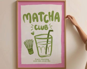 Matcha Club Art Print, Retro Matcha Kitchen Poster, Hand Drawn Ice Matcha Art, Coffee Bar Decor, Trendy Matcha Poster, Green Tea Art Print