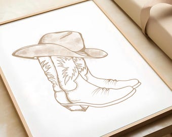 Cowboy Boots Line Art Print, Western Home Decor (Digital Download)