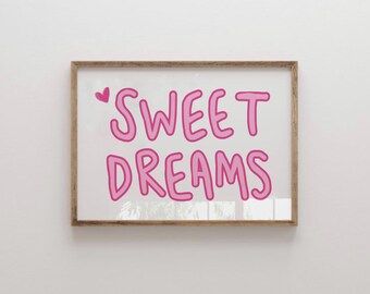 Impresión tipográfica "Dulces sueños" en rosa, decoración para dormitorio femenino (descarga digital)