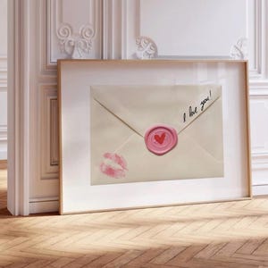 Impressão de carta eu te amo, pôster de envelope de carta rosa vintage, arte de parede retrô, impressão moderna de coquete de nota de amor, impressão estética manuscrita