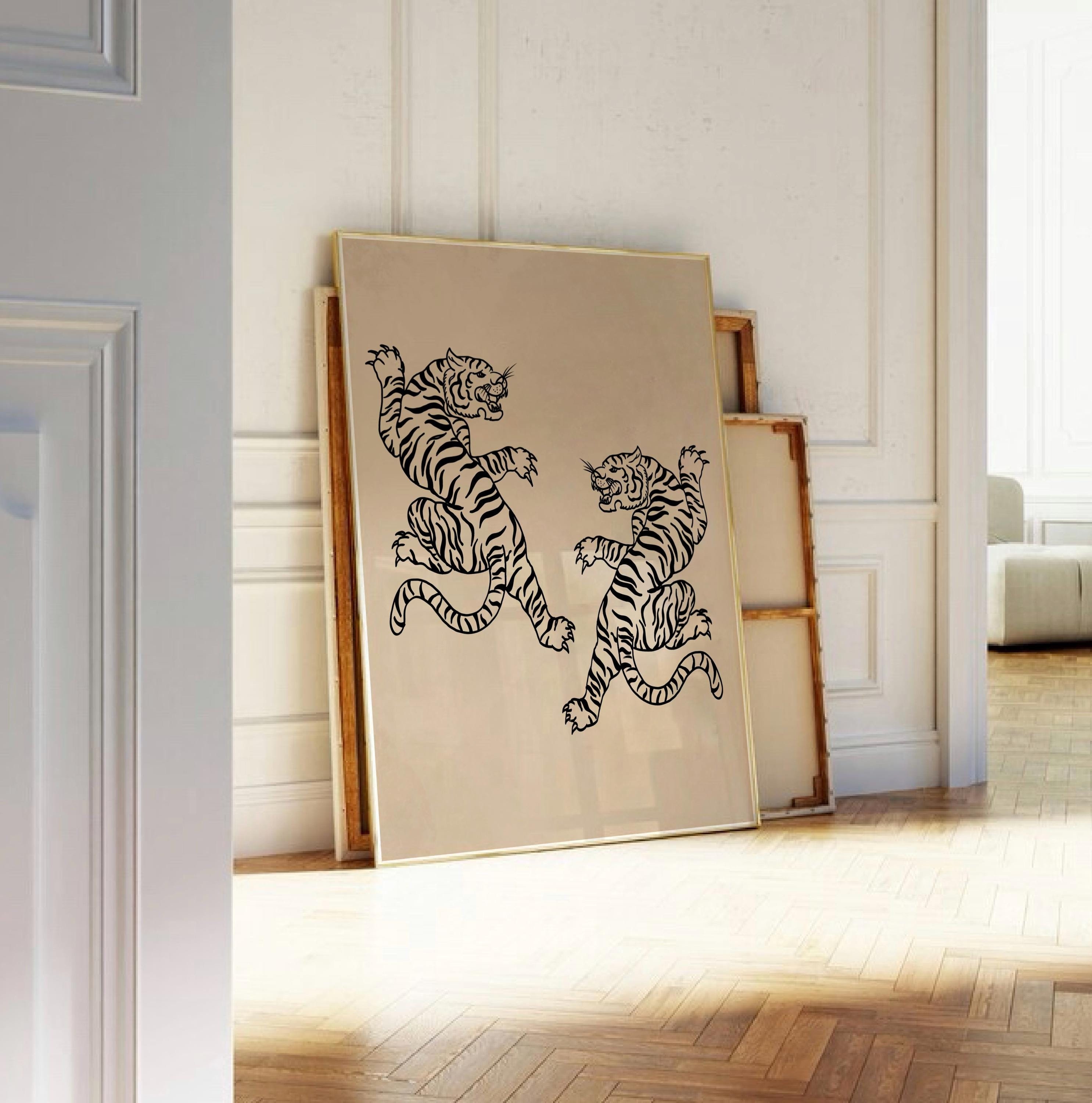 Retro Tiger Art Print, Hand Drawn Tiger Wall Art, Double Tiger Poster, Abstract Wall Art, Wild Animal Print, Japanese Art Sketch