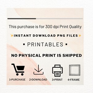 May include: A graphic showing the steps to purchase, download, print, and frame a digital printable. The text reads: "This purchase is for 300 dpi Print Quality + INSTANT DOWNLOAD PNG FILES + PRINTABLES + NO PHYSICAL PRINT IS SHIPPED 1-PURCHASE 2-DOWNLOAD 3-PRINT 4-FRAME"
