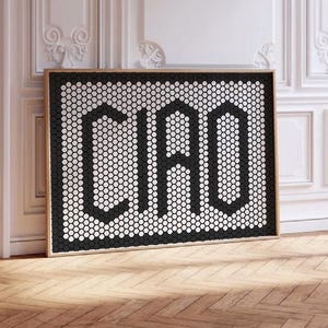 May include: A black and white mosaic tile wall art piece with the word "CRO" spelled out in large letters.