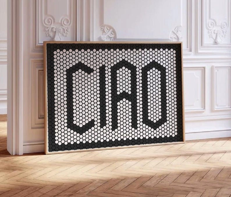 May include: A black and white mosaic tile wall art piece with the word "CRO" spelled out in large letters.