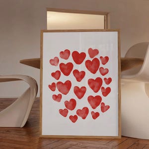 Red Hearts Watercolor Preppy Print, Hand Drawn Trendy Heart Poster, Aesthetic Dorm Room Wall Art, YK2 Girly Cute Art Print, Abstract Hearts