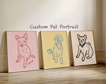 Op de afbeelding: Drie gepersonaliseerde huisdierportretten in frames. De portretten zijn lijntekeningen van honden. Het eerste portret is van een roze hond genaamd "Suzy" op een roze achtergrond. Het tweede portret is van een gele hond genaamd "Max" op een gele achtergrond. Het derde portret is van een zwarte hond genaamd "Max" op een witte achtergrond.