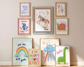 Kid’s Room Whimsical Bundle Prints, Nursery Playroom Decor, Eclectic Retro Illustration Kids Club Fun Animal Artworks