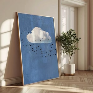 Impresión artística de cielo de nubes, arte de pared de bandada de pájaros, póster abstracto azul, póster de paisaje de nubes, arte de cielo azul, arte de pared abstracto moderno