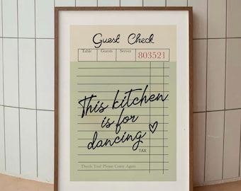 This Kitchen Is For Dancing Print, Retro Guest Check Poster, Funky Kitchen Decor, Handwritten Typography