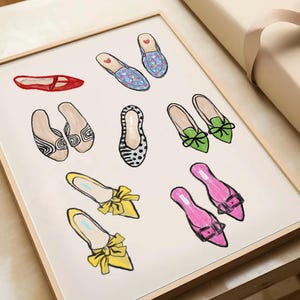 May include: A collection of nine different pairs of shoes, each with a unique design. The shoes are drawn in a cartoon style and feature various colors and patterns, including polka dots, floral prints, and stripes.