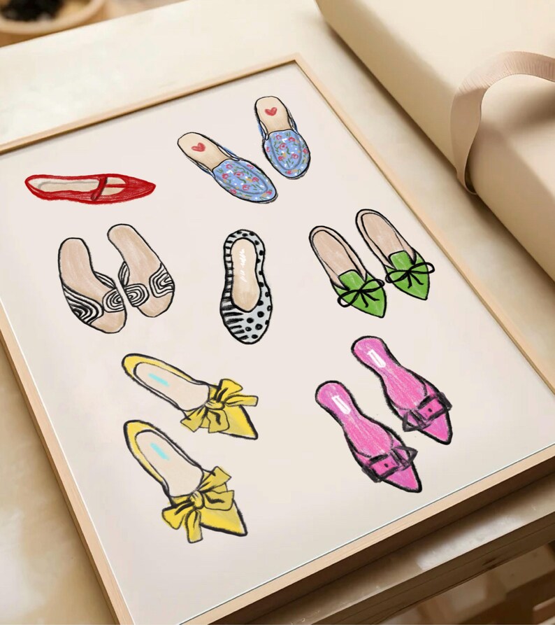 May include: A collection of nine different pairs of shoes, each with a unique design. The shoes are drawn in a cartoon style and feature various colors and patterns, including polka dots, floral prints, and stripes.