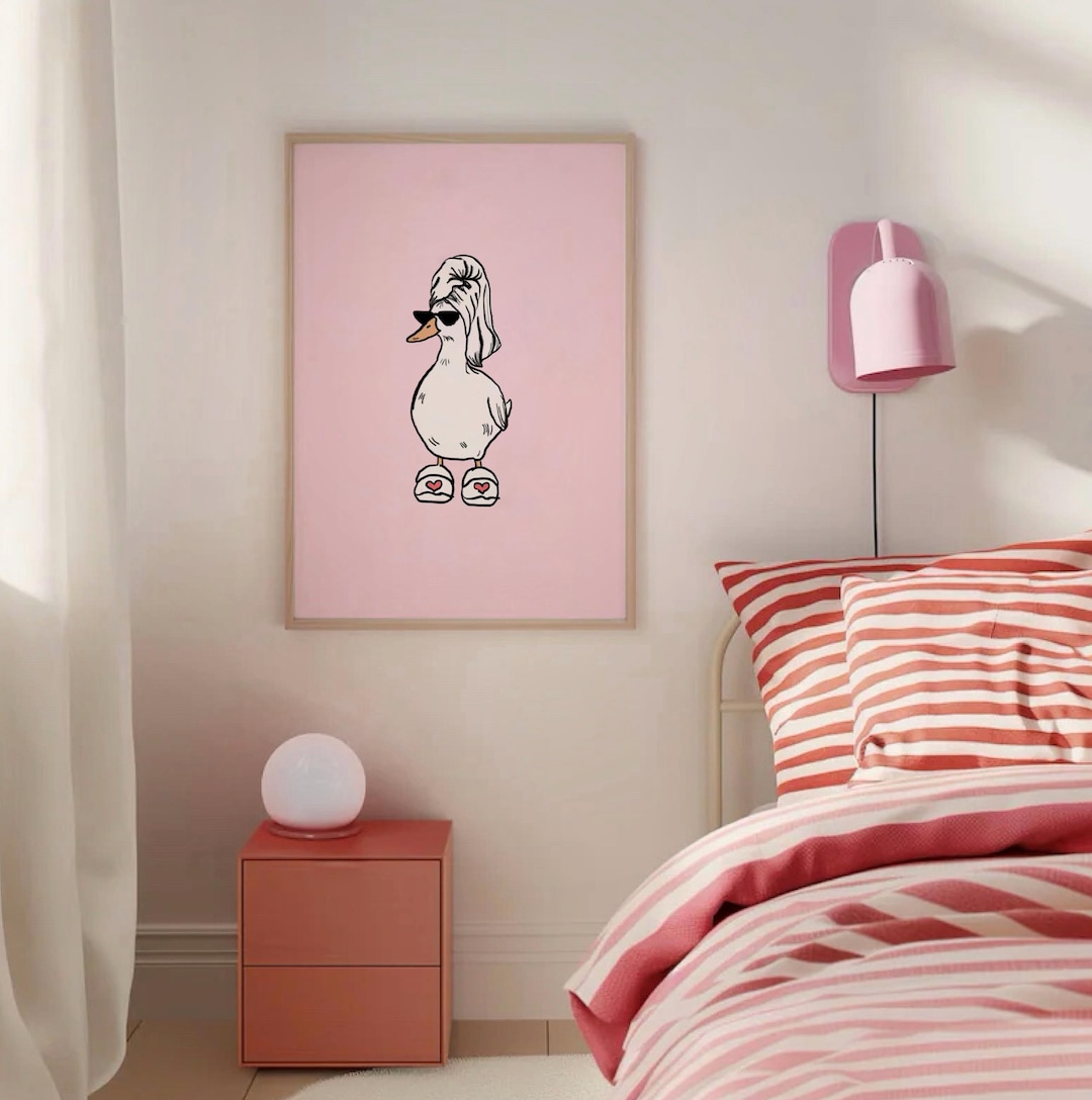Duck in Slippers Art Print, Pink Retro Wall Art, Funny Bathroom Art ...
