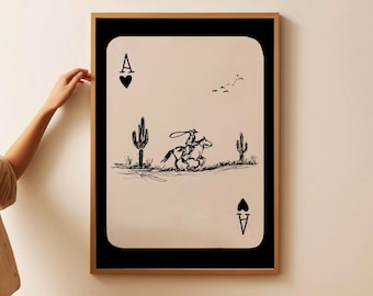 Western Cowboy Print, Cowboy Playing Card Wall Art, Modern Rodeo Neutral Poster, Retro Cactus Western Sketch, Aesthetic Cowgirl Horse Art