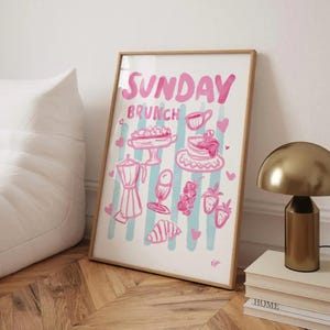 Sunday Brunch Art Print, Pink Preppy Aesthetic Foodie Wall Art, Blue Stripes Poster, Kitchen Breakfast Sketch, Coffee Croissant Drawing