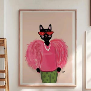 Mode-Katzen-Wandkunst, adretter eklektischer Tierdruck, schrulliges schwarze Katze-funky Plakat, rosa stilvolle coole Kunst, Maximalist-Katzen-Illustration