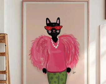 Fashion Cat Wall Art, Preppy Eclectic Animal Print, Quirky Black Cat Funky Poster, Pink Stylish Cool Art, Maximalist Cat Illustration
