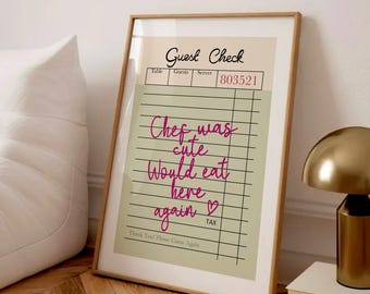 Guest Check Trendy Print, Chef Was Cute Poster, Pink Sage Green Retro Kitchen Decor, Preppy Wall Art