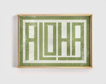 Aloha Typography Print, Retro Aloha Wall Art, Vintage Hawaiian Wall Art, Eclectic Home Decor, Aesthetic Green Wall print, Aloha Bold Quote