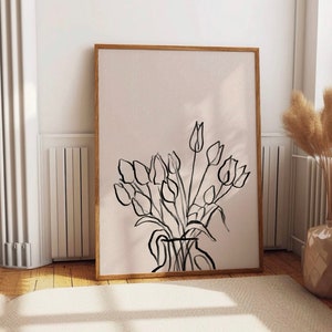 Impression minimaliste de tulipes, dessin d'art de ligne de tulipe, affiche d'art d'illustration de tulipe, impression beige neutre de fleur, croquis numérique floral abstrait