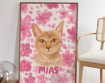 Custom Dog and Cat Pet Portrait, Hand Drawn Cute Pet Painting, Personalized Floral Cute Fun Pet Print, Head to Chest Pet Art Gift