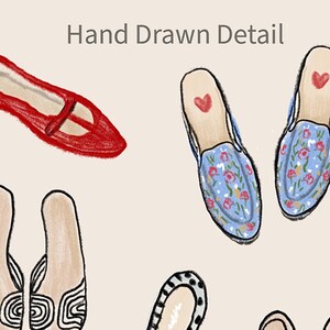 May include: Hand-drawn illustration of five different pairs of shoes. The shoes are in various styles, including flats, loafers, and sandals. The shoes are drawn in a variety of colors, including red, blue, black, and white.