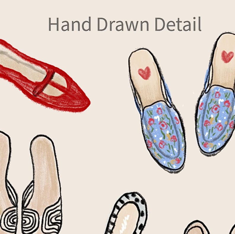 May include: Hand-drawn illustration of five different pairs of shoes. The shoes are in various styles, including flats, loafers, and sandals. The shoes are drawn in a variety of colors, including red, blue, black, and white.