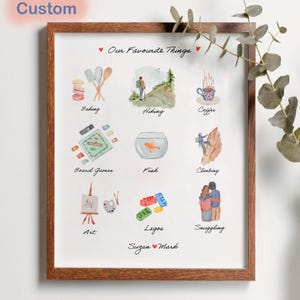 Puede incluir: Una impresión enmarcada con un marco de madera marrón. La impresión presenta ilustraciones de actividades favoritas como hornear, senderismo y juegos de mesa. El texto en la parte superior dice "Our Favourite Things" y "Fully Custom". Los nombres "Suzan & Mark" están en la parte inferior.