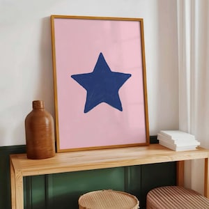Impresión de estrella rosa retro, póster de estrella dibujado a mano, arte de pared de estrella azul marino, arte de boceto estético de moda, arte de pared preppy femenino, decoración de apartamentos
