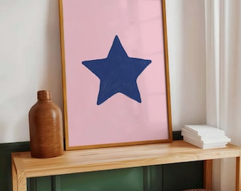 Retro Pink Star Print, Hand Drawn Star Poster, Navy Blue Star Wall Art, Trendy Aesthetic Sketch Art, Girly Preppy Wall Art, Apartment Decor
