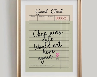 Chef Was Cute Would Eat Here Again Print, Trendy Guest Check Wall Art, Retro Kitchen Decor Funky Quote