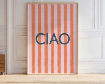 Ciao-kunstprint, roze-oranje strepen, trendy muurdecoratie (digitale download)