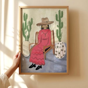 Abstraktes Cowgirl Kunst Poster, Pink Rot 70er Jahre Maximalist Wandkunst, Kaktus Western-Druck, ländliche Küstenlandschaft, rustikales Wohnheim-Dekor
