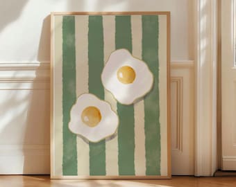 Retro Egg Art Print, Fried Egg Wall Art, Green Striped Lines Poster, Retro Kitchen Wall Decor, Funky Foodie Print, Egg Illustration Art