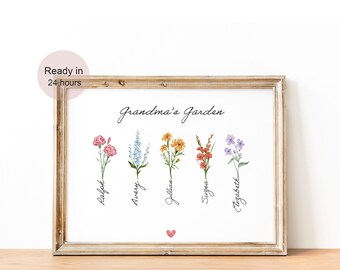 May include: A framed print with the text "Grandma's Garden" and five watercolour illustrations of flowers with names written underneath each flower: Ralph, Avery, Jillian, Sygna, Elizabeth.