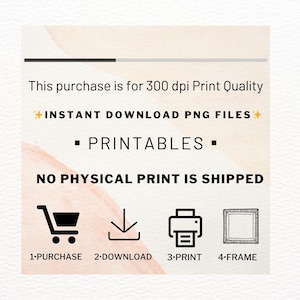 May include: An image with text that reads: "This purchase is for 300 dpi Print Quality. Instant Download PNG Files. Printables. No physical print is shipped." Includes icons for purchase, download, print, and frame.