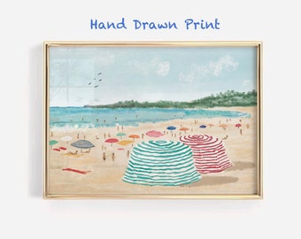 Impression aquarelle de plage côtière, petites personnes nageant (téléchargement numérique)