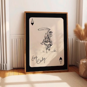 Impressão de faroeste de cowboy fácil, arte de parede de carta de baralho de esboço de cowboy, pôster neutro de cowboy de rodeio, decoração de parede de casa de fazenda, impressão de faroeste selvagem Ace
