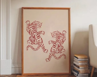 Retro Tiger Art Print, Tiger Red Poster, Vintage Wall Art, Minimalist Tiger Drawing, Trendy Wall Art, Japandi Animal Modern Poster Home Gift