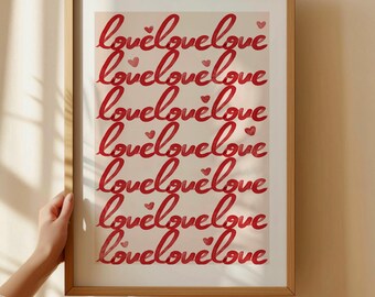 Red Love Poster, Retro 70s Wall Art, Abstract Love Quote Art, Preppy Typography Poster, Hand Drawn Love Vintage Art, Y2k Apartment Decor