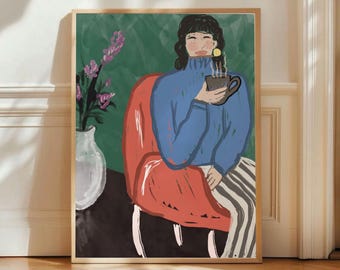 Abstract Woman Line Poster, Pink Red 70s Wall Art, Maximalist Retro Print, Dopamine Decor, Sage Green Stripes, Trippy Colored Pop Up Print