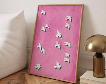 Bird Flock Wall Art, Preppy Pink Sky Poster, Birds Abstract Animal Art Print, Aesthetic Pink Digital Art, Flying Birds Illustration
