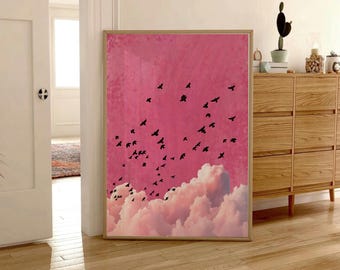Flying Birds Abstract Wall Art, Pink Clouds Modern Poster, Flock of birds Japandi Eclectic Print, Preppy Pink Maximalist Apartment Decor