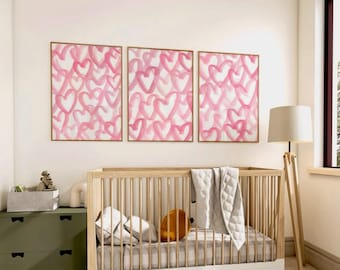 Pink Hearts Set of 3 Print, Abstract Hearts Wall Art, Preppy Girly Wall Decor, Trendy Pink Nursery Poster, Bright Pink Print Heart Art