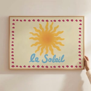 Lámina artística "Le Soleil", arte de pared bohemio con sol, póster minimalista retro, impresión veraniega con tipografía francesa, decoración estética, obra de arte de casa de playa con surf