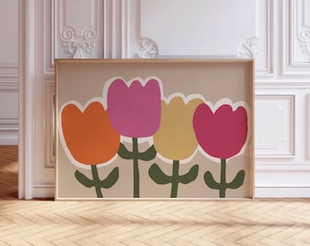 Tulipany Abstrakcyjny Wydruk Sztuki, Kolorowa Ścienna Sztuka Kwiatowa, Organiczne Kształty Plakat Kuchenny, Botaniczny Tulipan Rysowany Ręcznie Sztuka, Retro Kwiatowy Dekor Ścienny