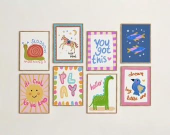 Whimsical Nursery Wall Art, Eclectic Kid’s Room Fun Decor, Retro Toddler Kids Club Playroom Poster Bundle Digital Download